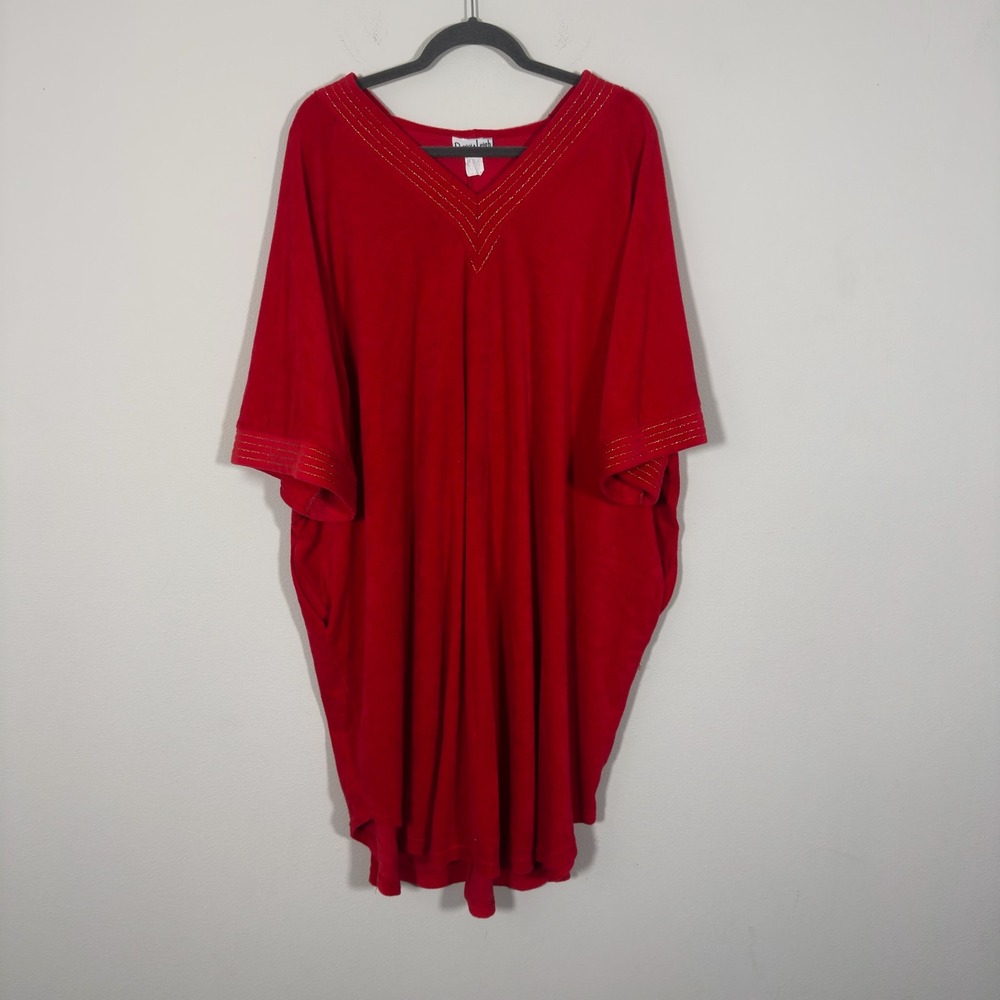 Patricia Leigh Vintage Red Terry Cloth Kaftan V-Neck Gold Stitch Lounger Dress